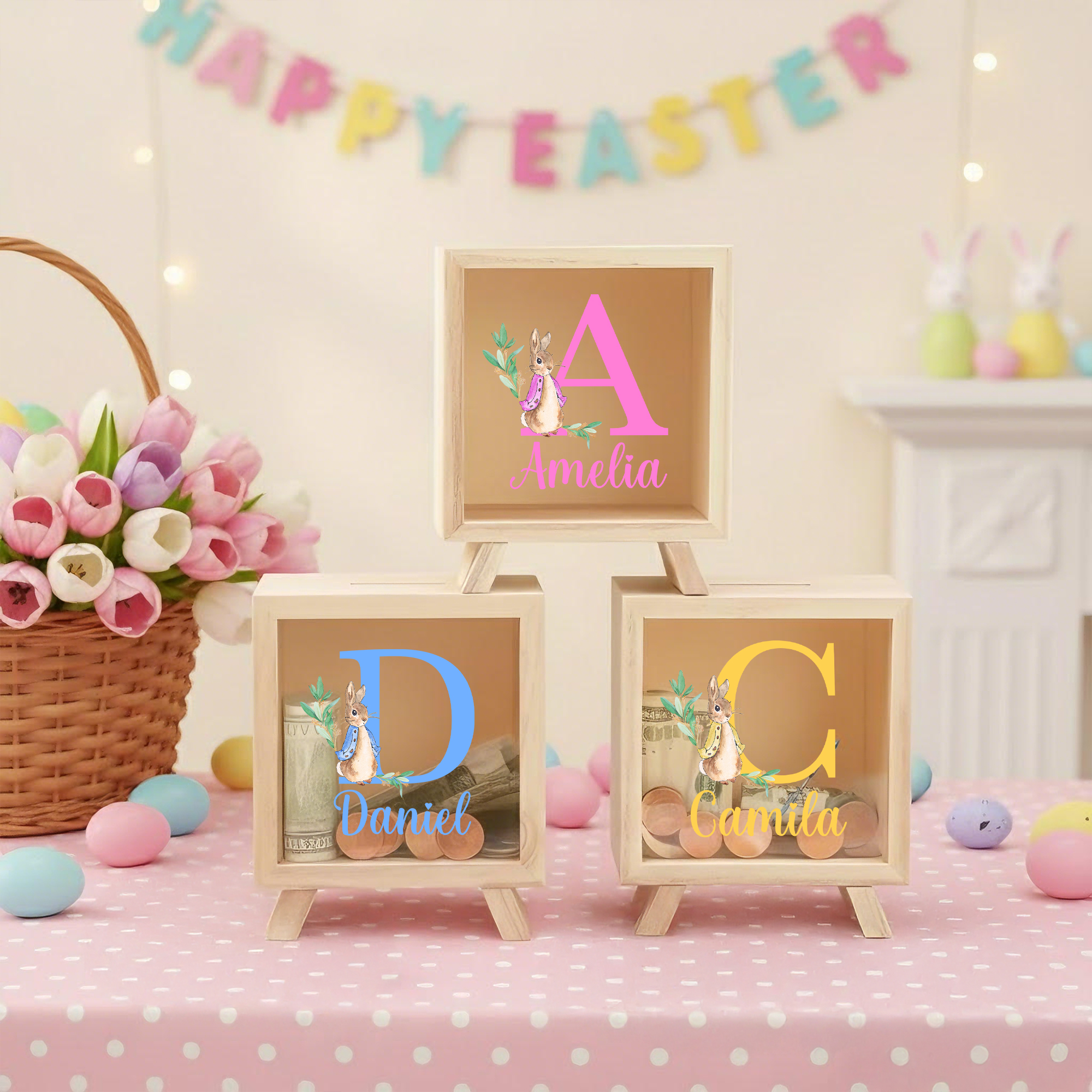 Tirelire transparente personnalisée pour le lapin de Pâques avec nom Cadeau d'anniversaire de Pâques pour les enfants