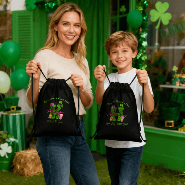 Personalised Irish Style Shamrock Doodle Initial Drawstring Bag with Name Parade Party St. Patrick's Day Gift for Family