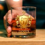 Personalized Golden 3D Badge Funny 67 Design 10 oz Rock Whiskey Glass with Name Old Fashioned Birthday Gift for Man Bartender Whiskey Enthusiast