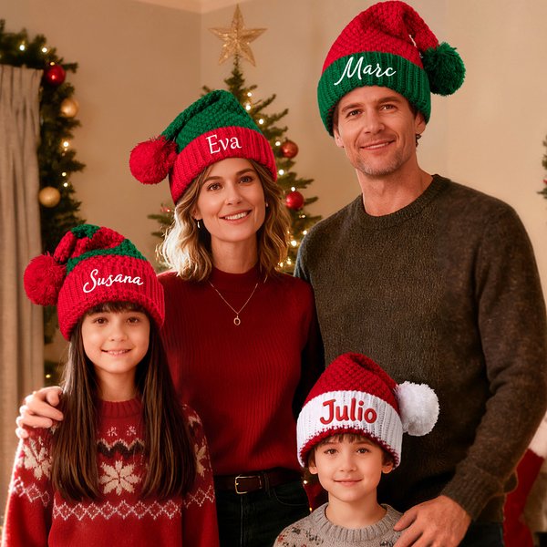 Gorro de Navidad personalizado de hilo y suave en varios estilos con nombre bordado regalo de Navidad para familia