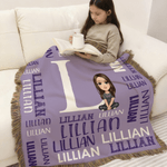 Personalised Word Cloud Cartoon Character Soft Tassel Blanket with Name and Initial Home Decor Daily Use Birthday Anniversary Gift for Kids Family