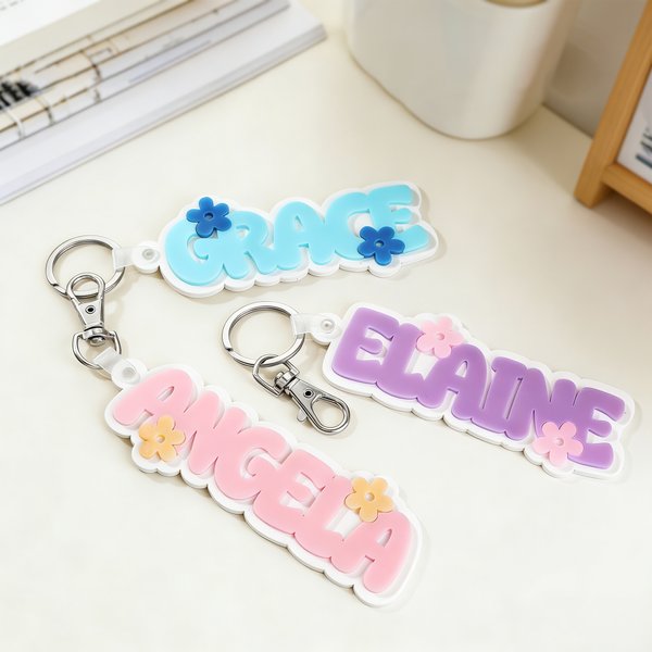 Personalized Multicolour Acrylic Name Tag with Flower Keychain Backpack Accessories Back to School Gift for Kids