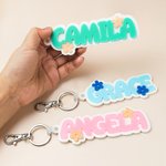 Personalised Multicolour Acrylic Name Tag with Flower Keychain Backpack Accessories Back to School Gift for Kids