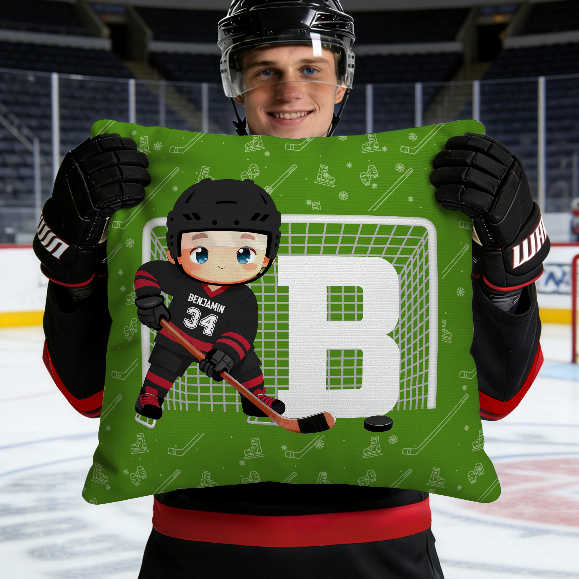 Taie d'oreiller personnalisée en forme de dessin animé de joueur de hockey sur glace avec nom, numéro et initiale Cadeau d'anniversaire pour les amoureux du hockey