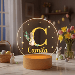 Personalised Cute Easter Bunny Initial Acrylic Night Light with Name and Wooden Base Room Decor Easter Birthday Gift for Kids