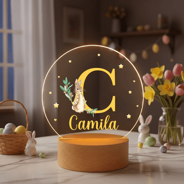 Personalised Cute Easter Bunny Initial Acrylic Night Light with Name and Wooden Base Room Decor Easter Birthday Gift for Kids
