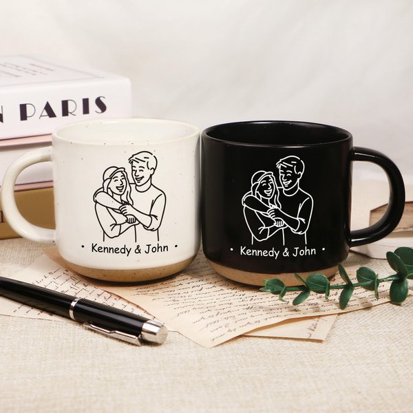 Personalised Line Art Style Couple Photo 12 oz Ceramic Mug with Handle and Name Valentine's Day  Anniversary Gift for Couple
