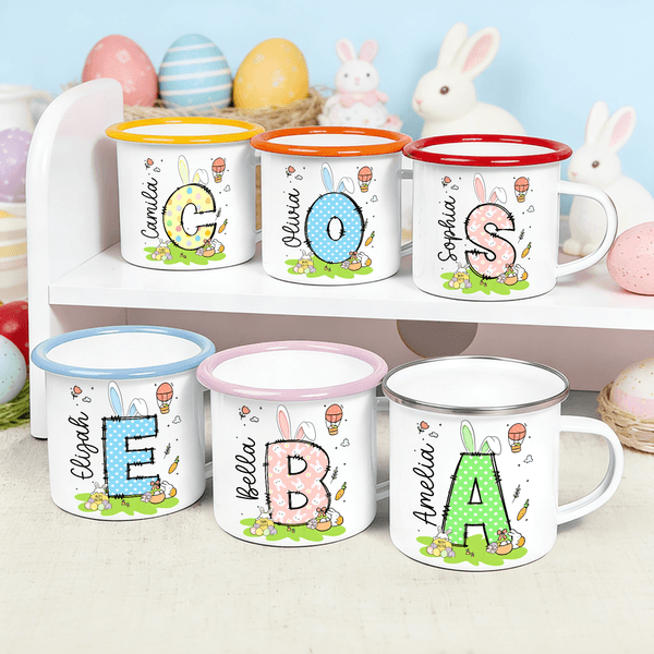 Personalized Colored Rabbit Easter Egg Initial 12 oz Enamel Mug with Name Easter Party Favor Gift for Kids