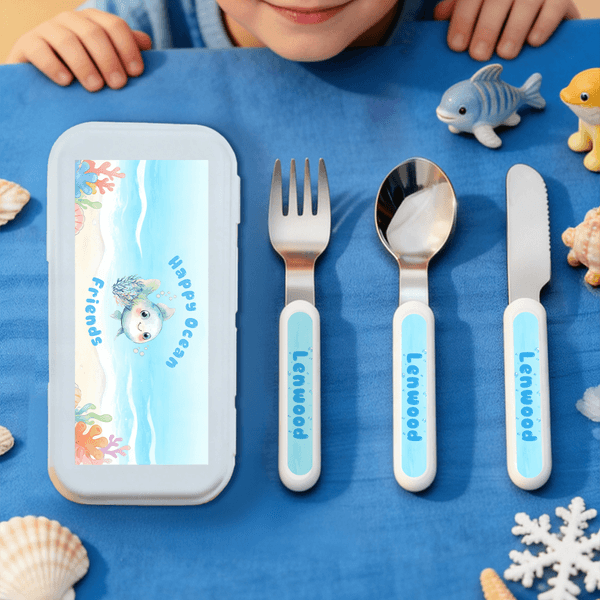 Personalized Cute Sea ​​Animals Safe Stainless Steel Fork Spoon Knife 3 Pcs Cutlery Set with Name and Case Birthday Gift for Boys Girls