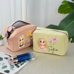 Trousse personalizzata con personaggio animato fiore di nascita e nome con cerniera e design a strisce regalo di viaggio per donne