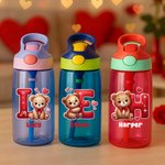 Personlig söt tecknad björn hjärta initialer 16 oz barn vattenflaska med namn och silikon sugrör barndag Alla hjärtans dag gåva för pojkar flickor