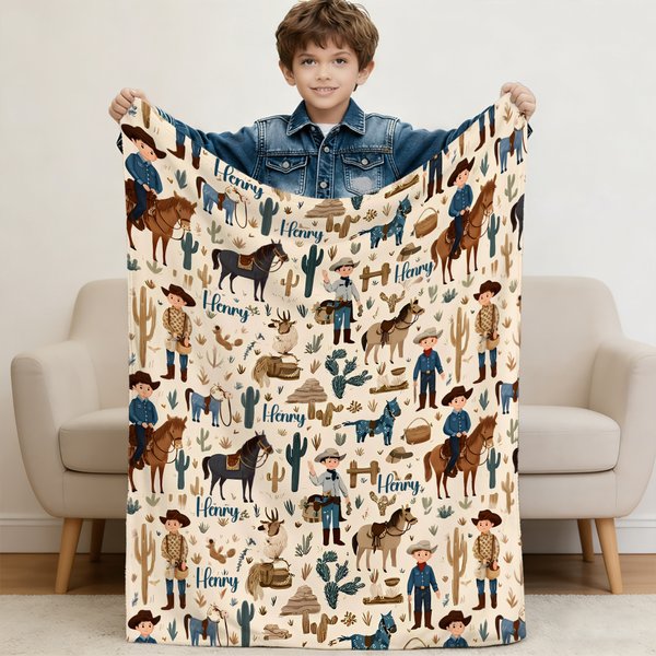 Personalized Western Cowboy Cow Horse Soft Throw Blanket with Name Home Decor Birthday Anniversary Gift for Cowboy Country Lover