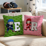 Personalized Cartoon Character Ice Hockey Player Multi-Color Soft Throw Pillow Cover with Name Initial and Number Birthday Gift for Ice Hockey Players