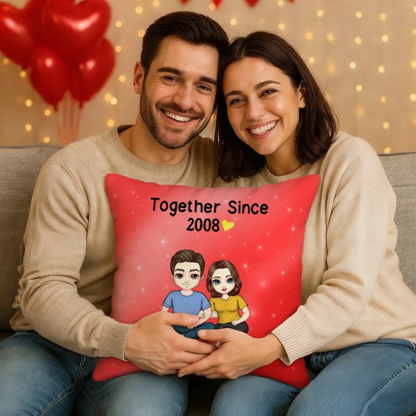 Personalised Together Since Year Cartoon Couple Soft Cushion Cover with Names Home Decor Anniversary Birthday Gift for Couples