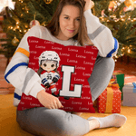 Personalized Cartoon Character Ice Hockey Player Multi-Color Soft Throw Pillow Cover with Name Initial and Number Birthday Gift for Ice Hockey Players