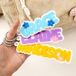 Personalised Multicolour Acrylic Name Tag with Flower Keychain Backpack Accessories Back to School Gift for Kids
