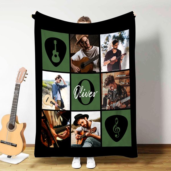 Personalized Guitar Photos Collage Multicolor Soft Throw Blanket with Name and Initial Home Decor Birthday Gift for Guitar Lovers