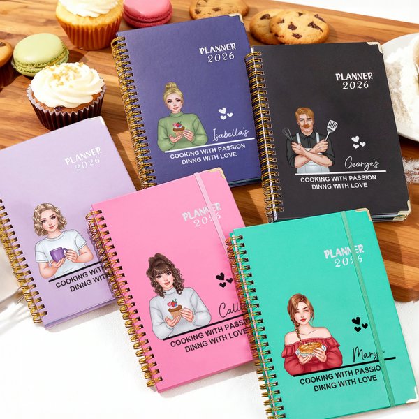 Personalised Heart Cartoon Cooking Character 2026 Planner Spiral A5 Notebook with Weekly Monthly Planner Pages Birthday Gift for Chef