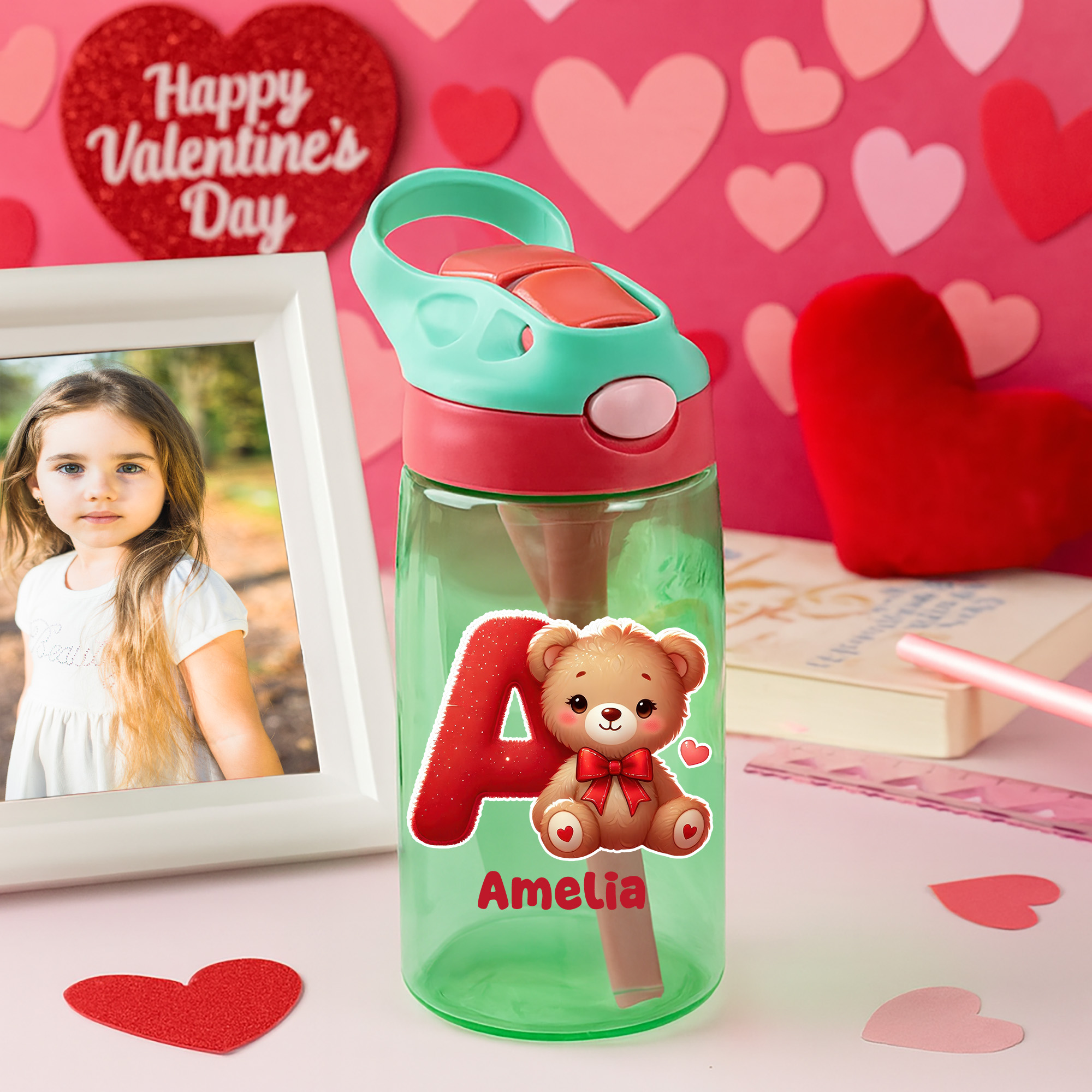 Bouteille d'eau personnalisée avec nom et paille en silicone pour enfants Cadeau de Saint-Valentin pour garçons et filles