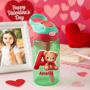 Personalized Cute Cartoon Bear Heart Initial 16 oz Kid Water Bottle with Name and Silicone Straw Children's Day Valentine's Day Gift for Boys Girls