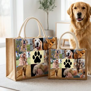 Personalized Pet Paw Print Photo Large Jute Bag with Name Daily Use Birthday Party Gift for Pet Owner Lover
