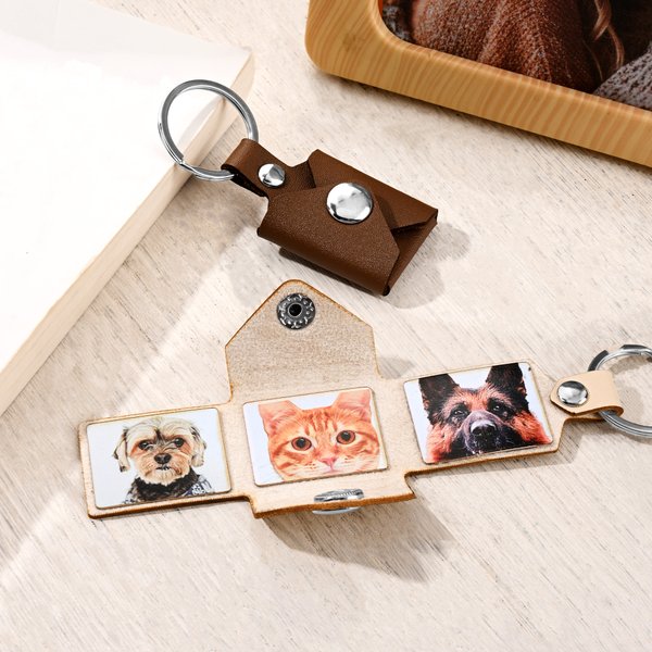 Portachiavi in pelle PU personalizzato con testo inciso per 3 foto di famiglia Album di famiglia Regalo di compleanno per la festa del papà Anniversario per papà marito