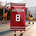 Personalised Multicolour Stripes Sporty Quick Dry Oversized Beach Towel with Name and Number Game Day Swimming Pool Gift for Sports Lovers Teammates