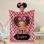 Personalized Polka Dots Cute Cartoon Little Girl Soft Throw Blanket with Name Home Decor Birthday Gift for Black Girl