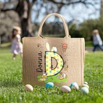 Personalized Cute Polka Dot Easter Egg Bunny Ear Initial Jute Tote Bag with Name Easter Party Favor Gift for Kids