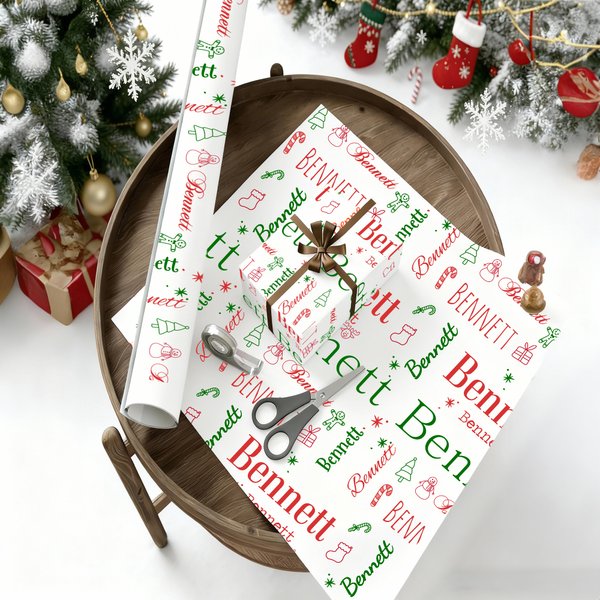 Personalized Snowman Reindeer Sweets Cane Wrapping Paper with Name Christmas DIY Craft Packaging Gift for Family Kids
