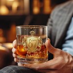 Personalised Golden Badge Funny 67 Design 10 oz Rock Whiskey Glass with Name Old Fashioned Birthday Gift for Man Bartender Whiskey Enthusiast