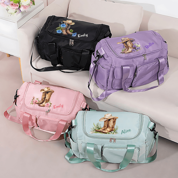 Personalized Watercolor Birth Flower Cowboy Boots Travel Duffel Bag with Name and Shoes Compartment Birthday Travel Gift for Cowgirl