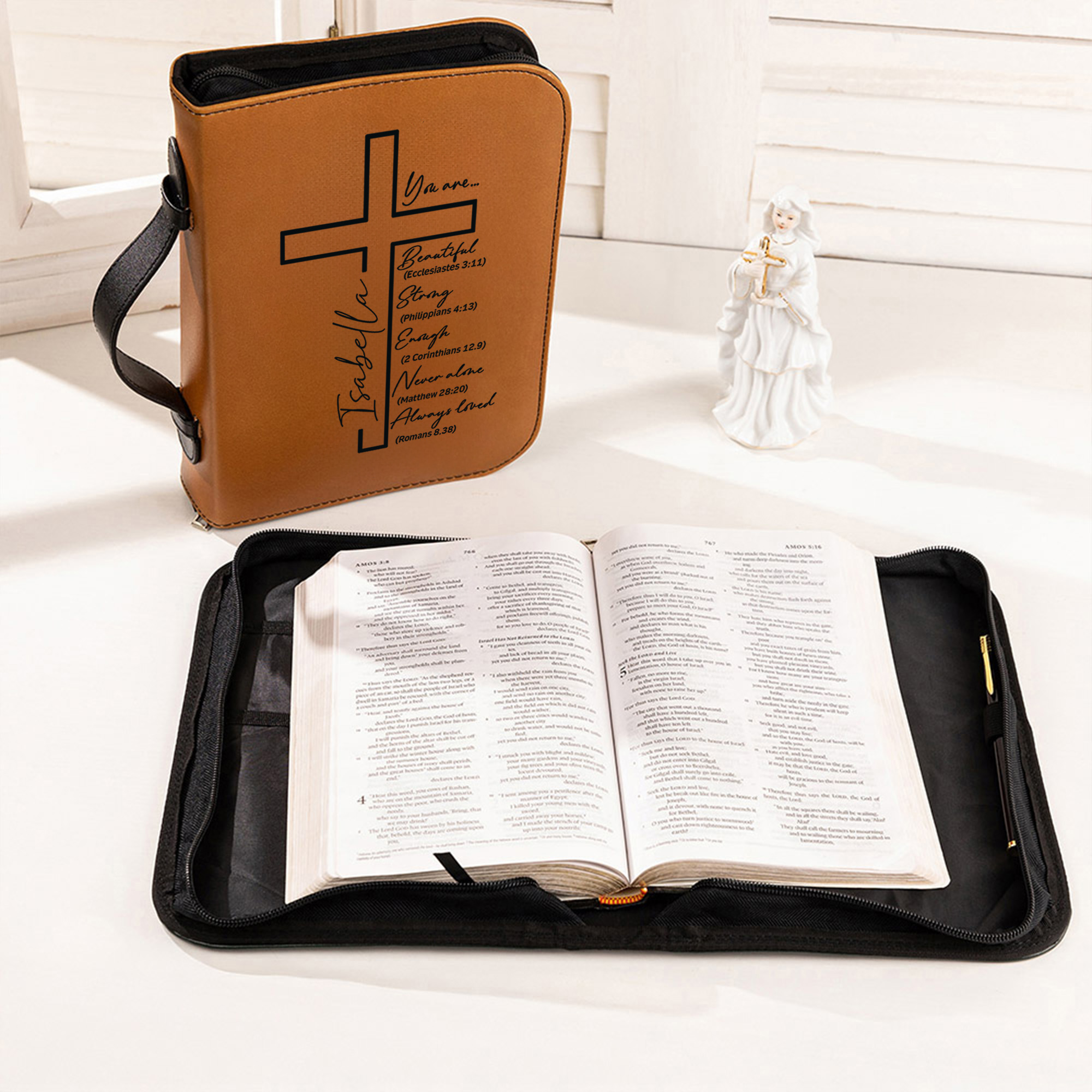 Etui biblique en cuir PU avec texte du nom et poignée de transport Cadeau de baptême pour les chrétiens