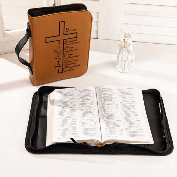 Etui biblique en cuir PU avec texte du nom et poignée de transport Cadeau de baptême pour les chrétiens