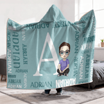 Personalized Cartoon Character Word Cloud Soft Hooded Blanket with Initial and Names Home Decor Birthday Anniversary Gift for Family Kids