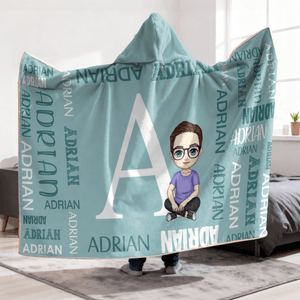 Personalised Cartoon Character Word Cloud Soft Hooded Blanket with Initial and Names Home Decor Birthday Anniversary Gift for Family Kids