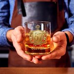 Personalised Golden Badge Funny 67 Design 10 oz Rock Whiskey Glass with Name Old Fashioned Birthday Gift for Man Bartender Whiskey Enthusiast