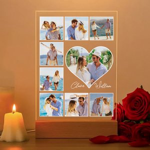 Veilleuse LED en acrylique personnalisée avec nom et socle en bois Cadeau d'anniversaire de Saint-Valentin pour couple