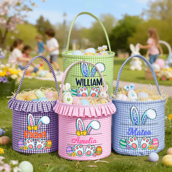Personalized Multi-Color Cute Peter Rabbit Large Capacity Plaid Easter Basket with Name Easter Egg Hunting Party Favor Gift for Boys Girls