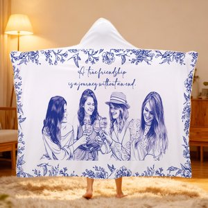 Personalised Retro Pen and Ink Drawing Style Photo Soft Hooded Blanket with Text Anniversary Birthday Gift for Best Friend