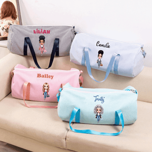 Personalized Cartoon Travel Character Striped Canvas Travel Duffel Bag with Name and Shoulder Strap Daily Use Birthday Gift for Women