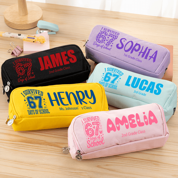 Personalized I Survived 67 Days of School Pencil Case with Name and Class Back to School Birthday Gift for Boys Girls