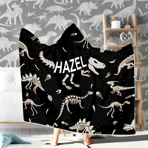 Gepersonaliseerde Dinosaurus Fossiel Zachte Deken met Kap met Naam Dagelijks Gebruik Verjaardagscadeau voor Kinderen Tieners Jongens