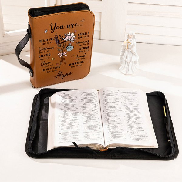 Personalized You Are Beautiful Pink Bow Birth Flower Bouquet Bible Verses PU Leather Bible Cover with Name Birthday Baptism Gift for Christians