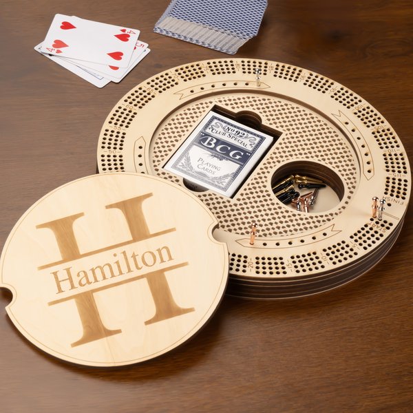 Personalized Engraved Monogram Wooden Cribbage Board Set with 4 Tracks and 16 Pegs Travel Party Game Birthday Gift for Cribbage Lovers
