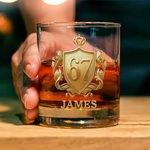 Personalised Golden Badge Funny 67 Design 10 oz Rock Whiskey Glass with Name Old Fashioned Birthday Gift for Man Bartender Whiskey Enthusiast