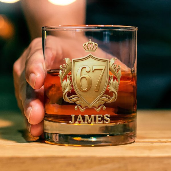 Personalised Golden Badge Funny 67 Design 10 oz Rock Whiskey Glass with Name Old Fashioned Birthday Gift for Man Bartender Whiskey Enthusiast