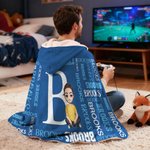 Personalized Cartoon Character Word Cloud Soft Hooded Blanket with Initial and Names Home Decor Birthday Anniversary Gift for Family Kids