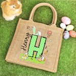 Personalized Cute Polka Dot Easter Egg Bunny Ear Initial Jute Tote Bag with Name Easter Party Favor Gift for Kids