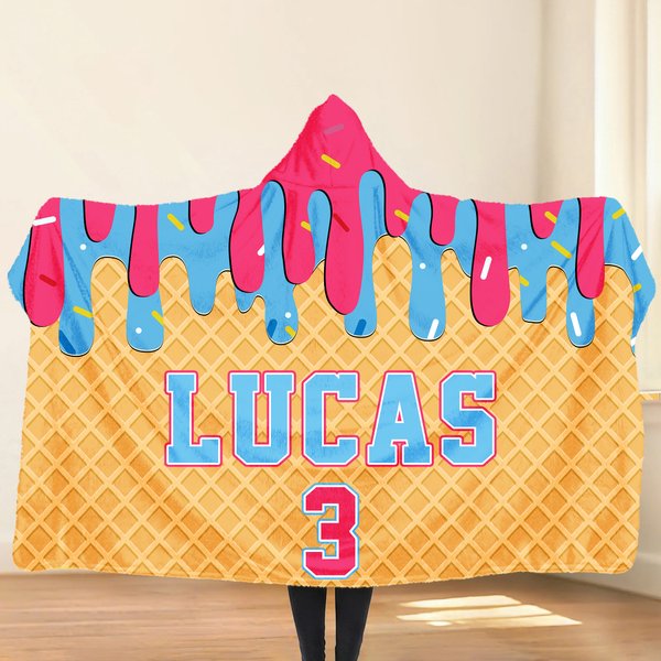 Personalized Multi-Style Ice Cream Baseball Soft Throw Hooded Blanket with Name and Number Birthday Gift for Teen Athlete Coach